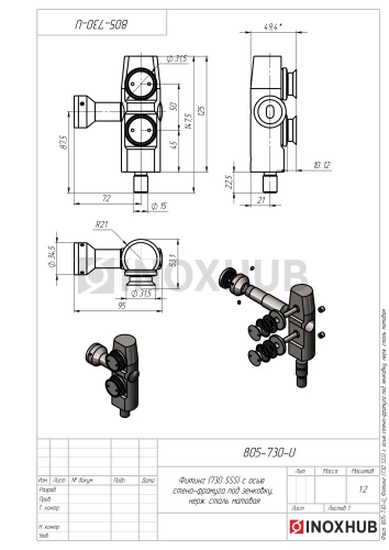 Фитинг (730 SSS) с осью стена-фрамуга под зенковку, нерж. сталь матовая
