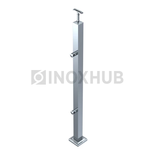 Стойка ограждения в сборе квадратная с фланцем, 2 ригеледержателя, 40×40×900 мм, AISI 304, GRIT 600