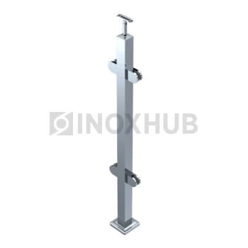 Стойка ограждения в сборе квадратная с фланцем, 4 стеклодержателя, 40×40×900 мм, AISI 304, GRIT 600