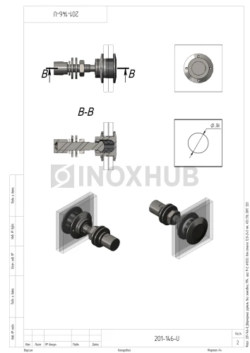 Шарнирный рутель без зенковки, М14 шаг Р=2 d=50.0, стекло 16.0-24.0 мм, AISI 304, GRIT 320