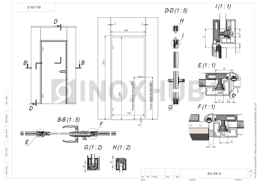 Комплект (804AL-L) дверной коробки в цельностеклянный проем, левый, 2086×2086×890 мм, Анодированный алюминий