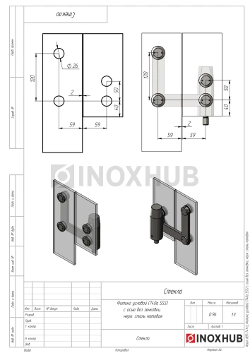 Фитинг угловой (740a SSS) с осью без зенковки, нерж. сталь матовая