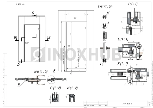 Комплект (804AL-R) дверной коробки в цельностеклянный проем, правый, 2086×2086×890 мм, Анодированный алюминий