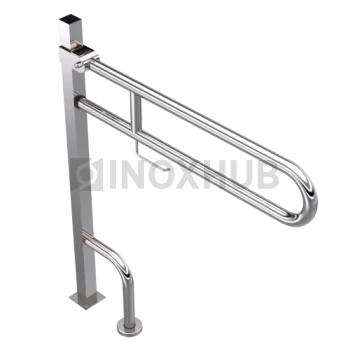 Поручень двойной откидной с опорой в пол с бумагодержателем, Ø32 мм, AISI 304, GRIT 600