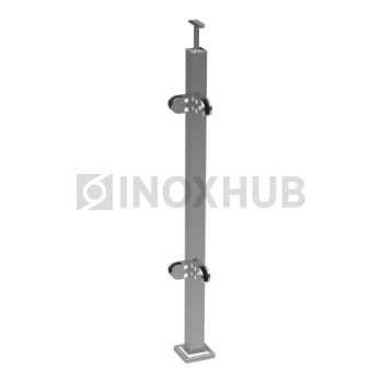 Стойка ограждения в сборе квадратная с фланцем, 4 стеклодержателя, угловая, 40×40×900 мм, AISI 304, GRIT 600